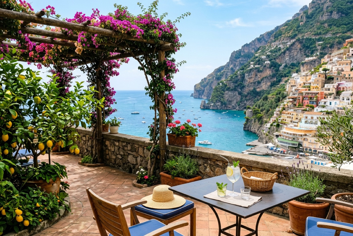 A sunny terrace with lemon trees above the Amalfi coast