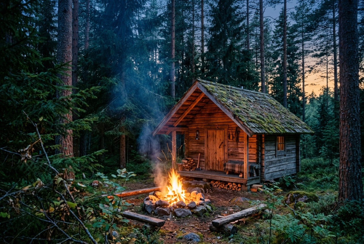 A wooden hut in a pine forest with a campfire at dusk