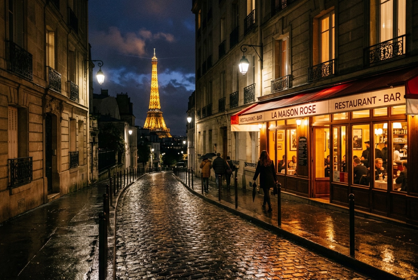 A rainy Paris street at night with the Eiffel Tower